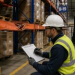 Warehouse safety inspection of damaged pallet racks in a distribution facility