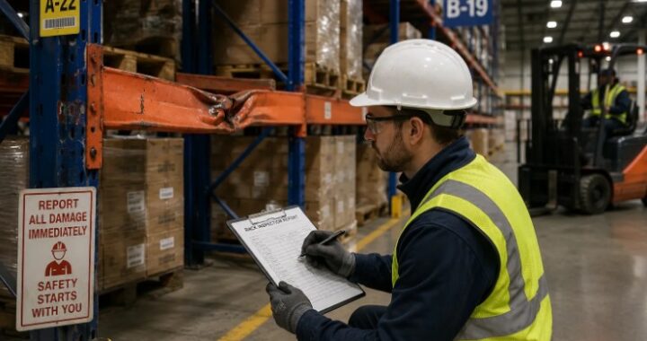 Warehouse safety inspection of damaged pallet racks in a distribution facility
