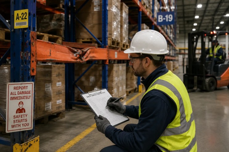 Warehouse safety inspection of damaged pallet racks in a distribution facility